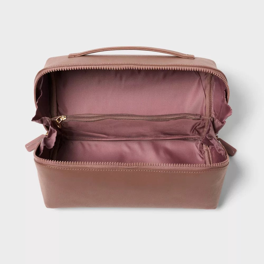 Textured PU Diagonal Zip Dual Compartment Cosmetic Bag