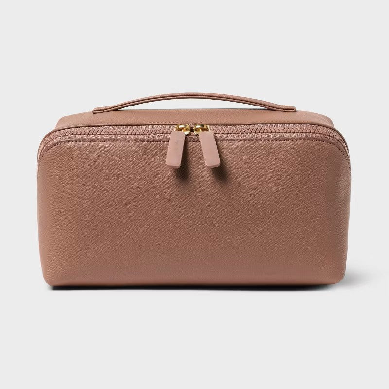 Textured PU Diagonal Zip Dual Compartment Cosmetic Bag