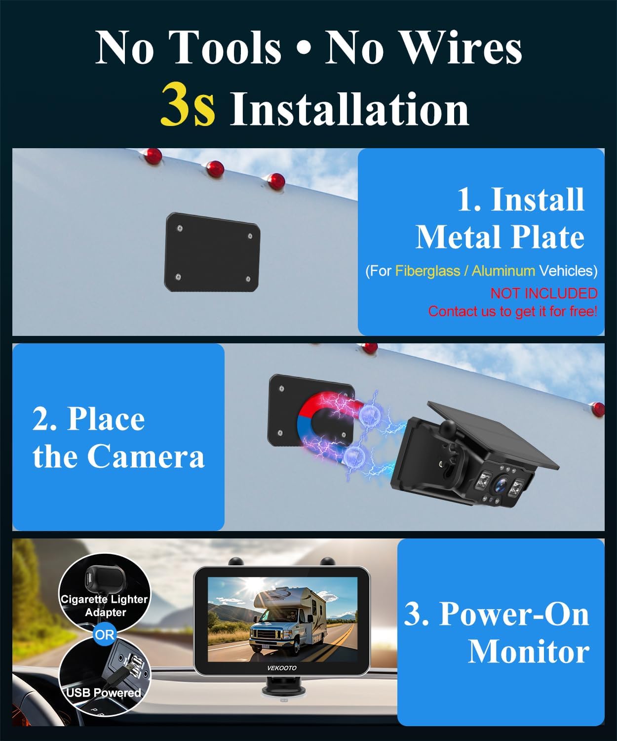 VK7Pro 2 Magnetic Solar Wireless Backup Camera with 7'' IPS Touchscreen