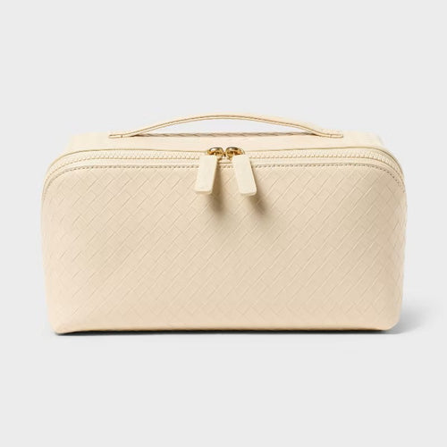 Textured PU Diagonal Zip Dual Compartment Cosmetic Bag