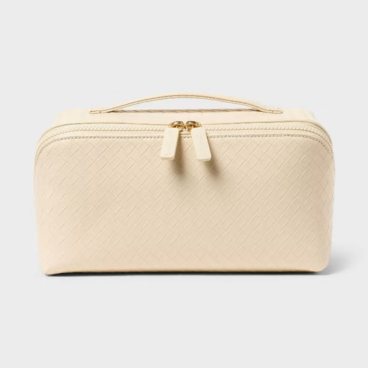 Textured PU Diagonal Zip Dual Compartment Cosmetic Bag